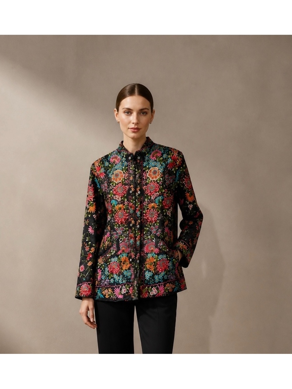 Black Silk Jacket Covered in Dense, Multi-Colored Floral Embroidery.